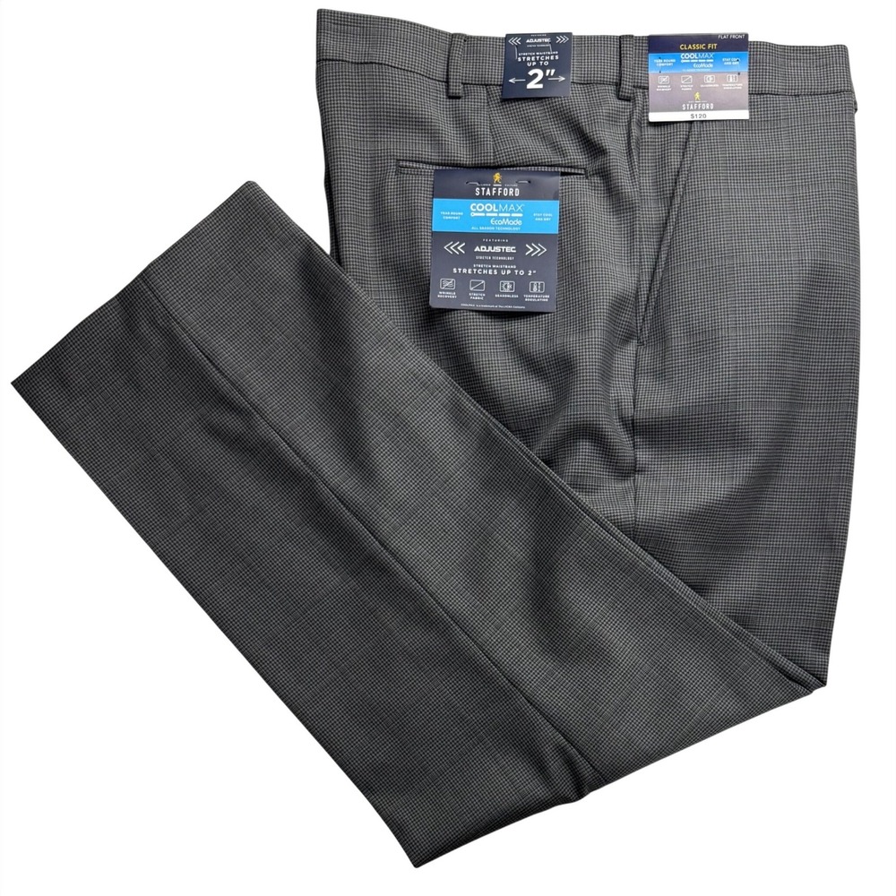Stafford Coolmax EcoMade Mens Gray Houndstooth Suit Trousers 44x30‎ Pants
